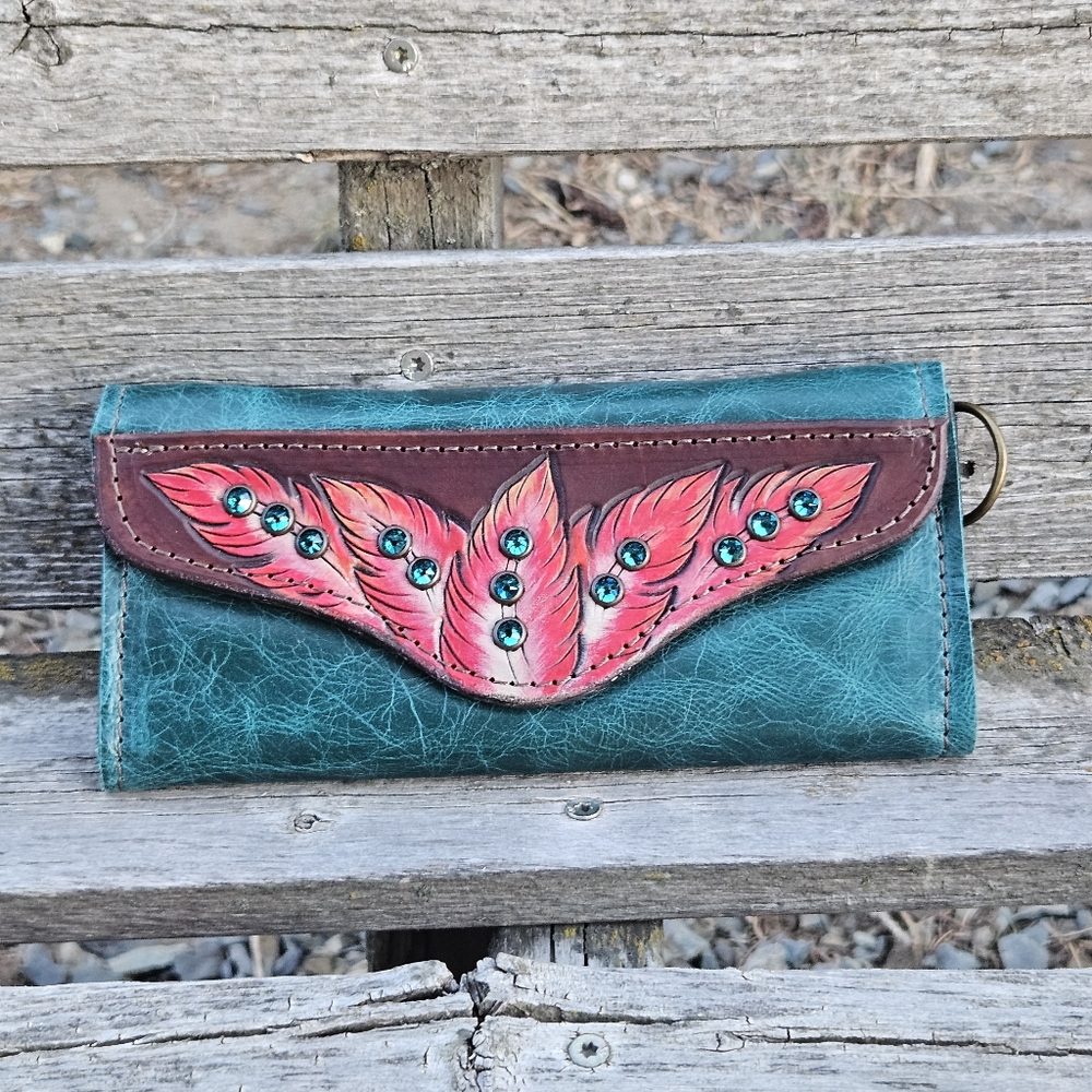 Western Handcrafted Teal Leather Wallet with Red Feather Accent